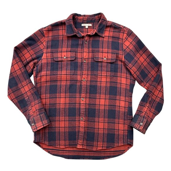 Uniqlo Thick Flannel Plaid Button Up Shirt Shacket Red Blue Cabincore Mens M - Picture 1 of 10